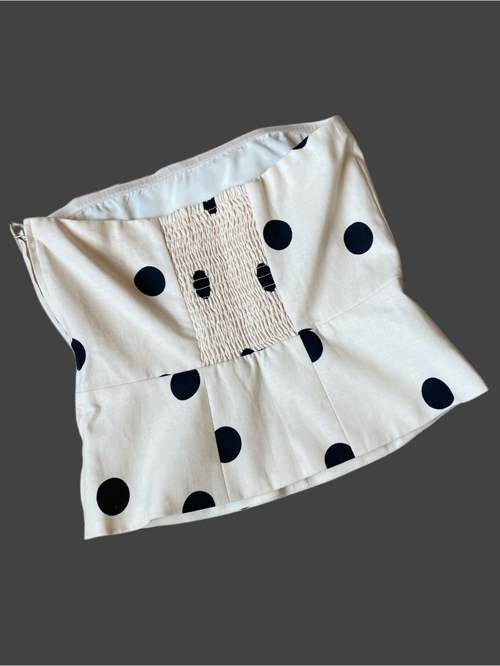 SEZANE EDITIONS Ecru Cream & Black Polka Dot Printed Linen Strapless Peplum Top - Picture 7 of 17